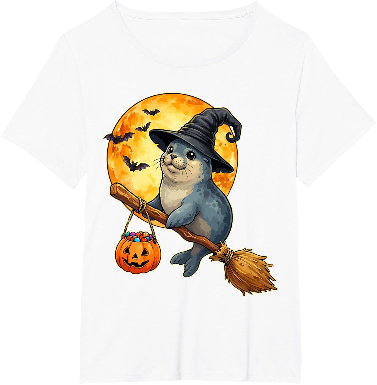 Manatee Witch Hat Broom Pumpkin Seal Happy Halloween T-Shirt - White