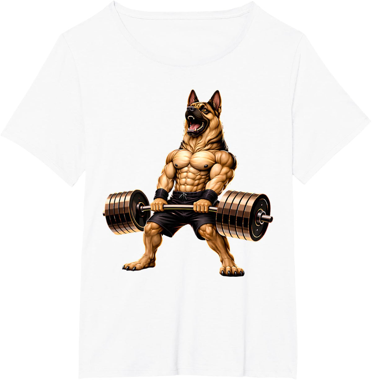 Funny German Shepherd Lifting Weights Gym Workout Dog T-Shirt - White