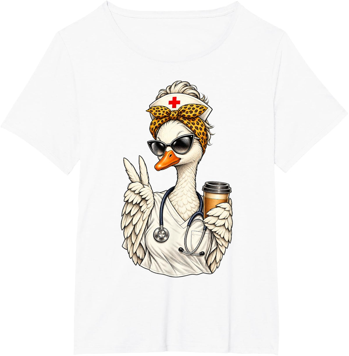 Goose Nurse Messy Bun Leopard Drinking Coffee T-Shirt - White