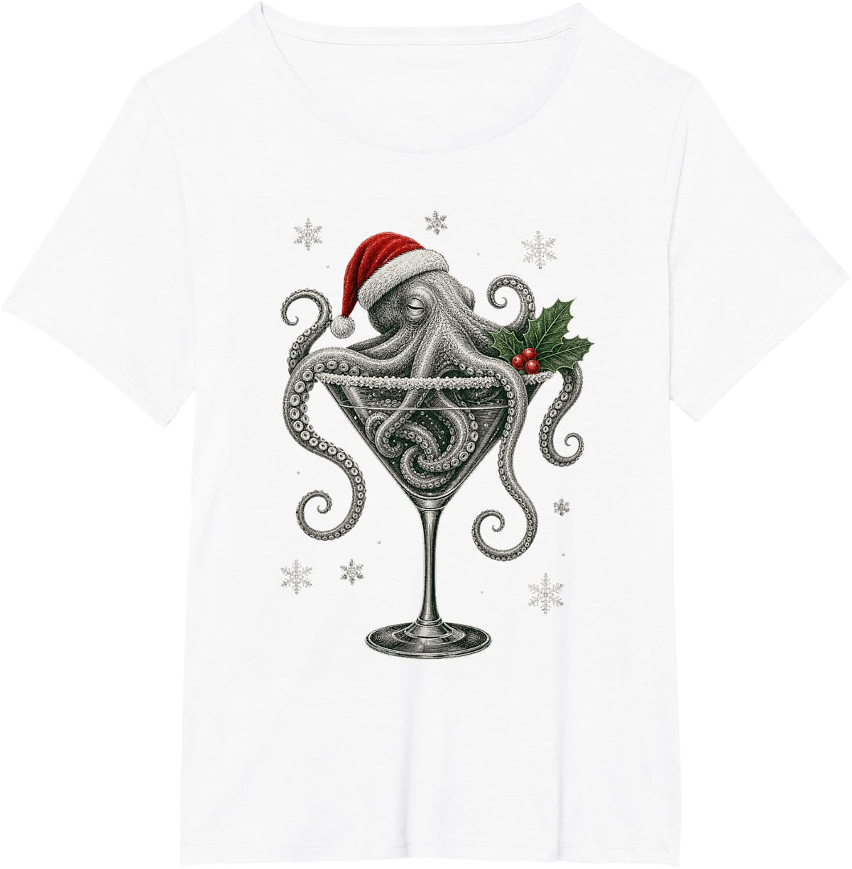 Christmas Martini Octopus Santa Hat Funny Cocktail Lover T-Shirt - White