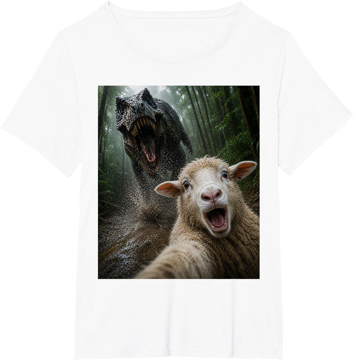 Sheep Selfie with T-Rex Dinosaur T-Shirt - White