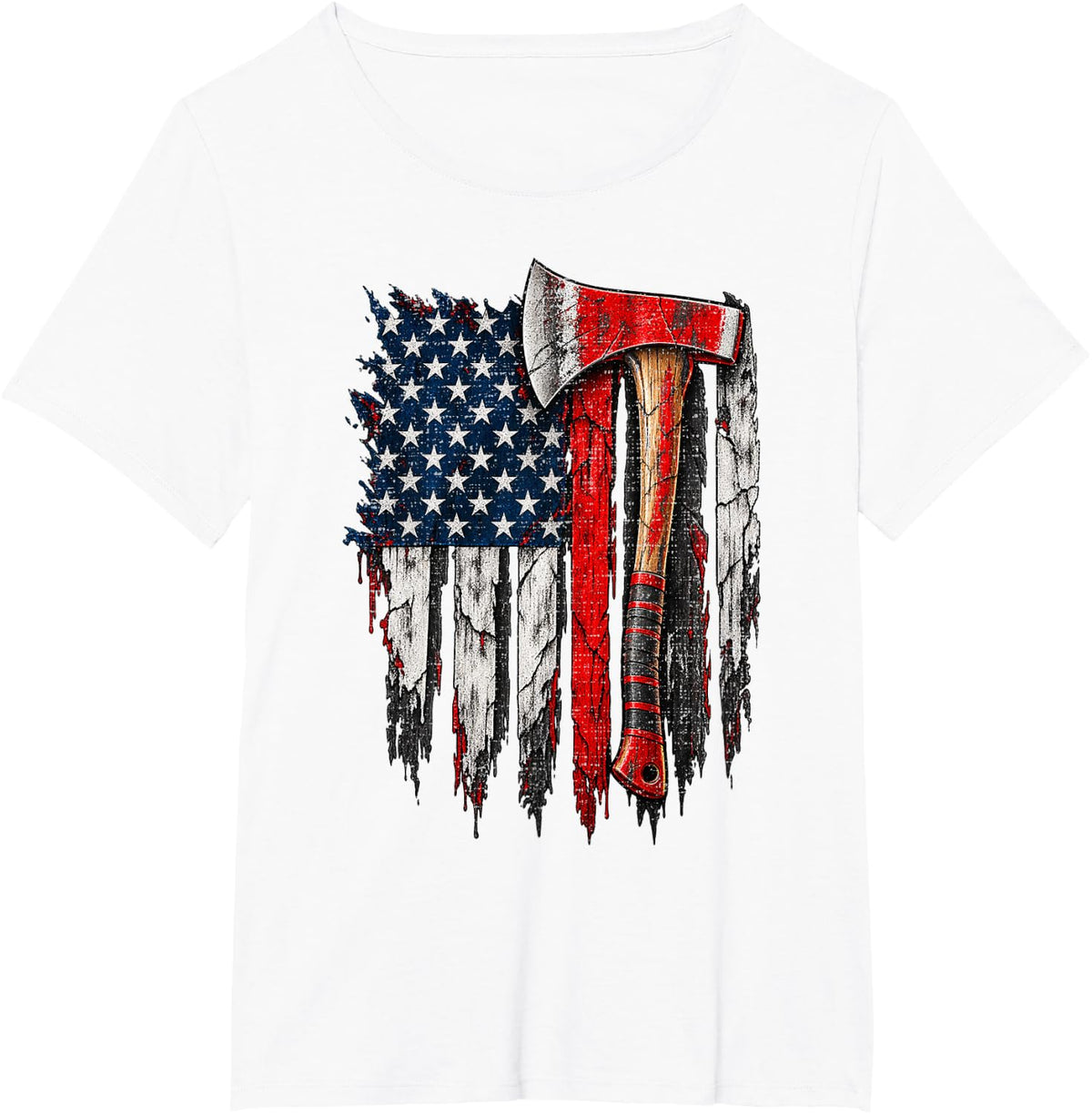Thin Red Line American Flag Fire Axe Distressed T-Shirt - White
