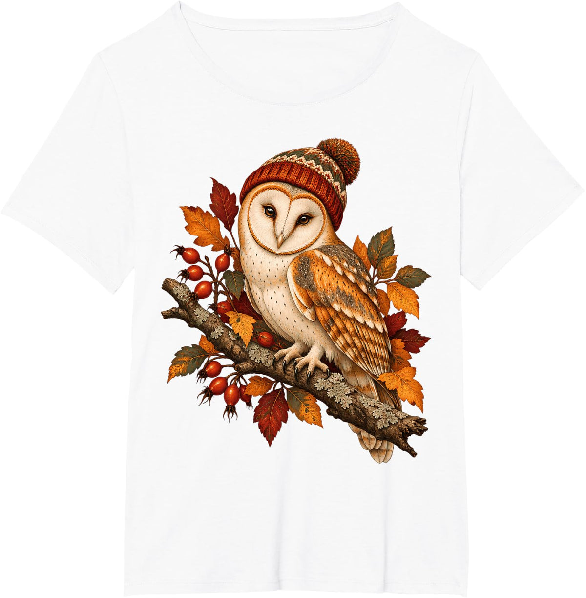 Autumn Barn Owl Fall Leaves Cozy Wildlife T-Shirt - White