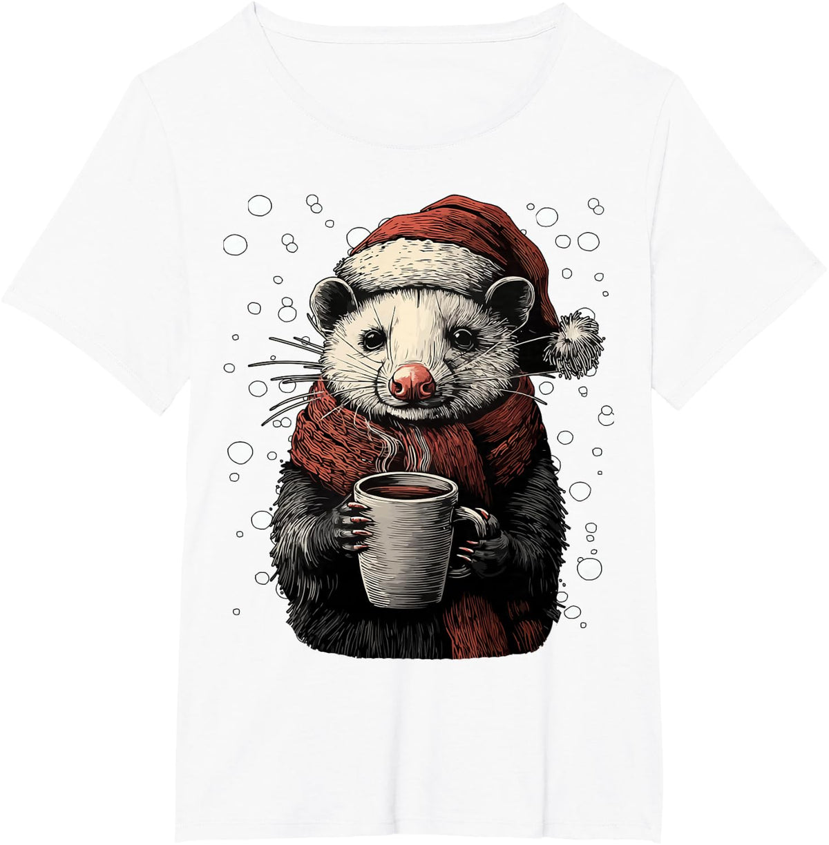 Christmas Opossum with Santa Hat Coffee Lover Funny Winter T-Shirt - White