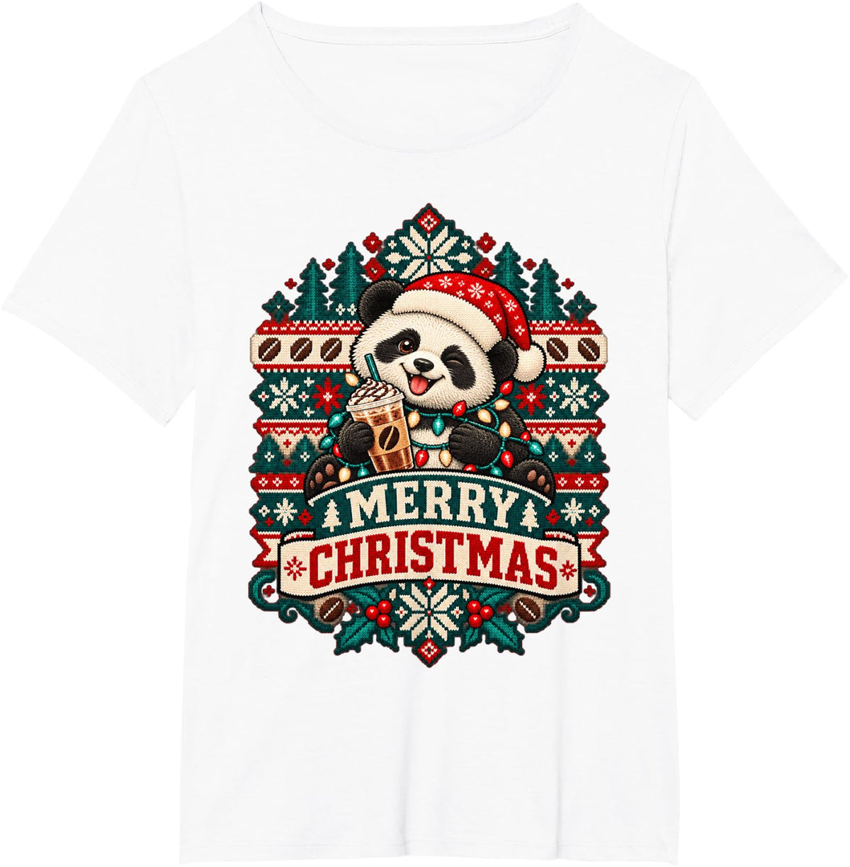 Merry Christmas Panda Cheerful Ice Coffee Winter Holiday T-Shirt - White
