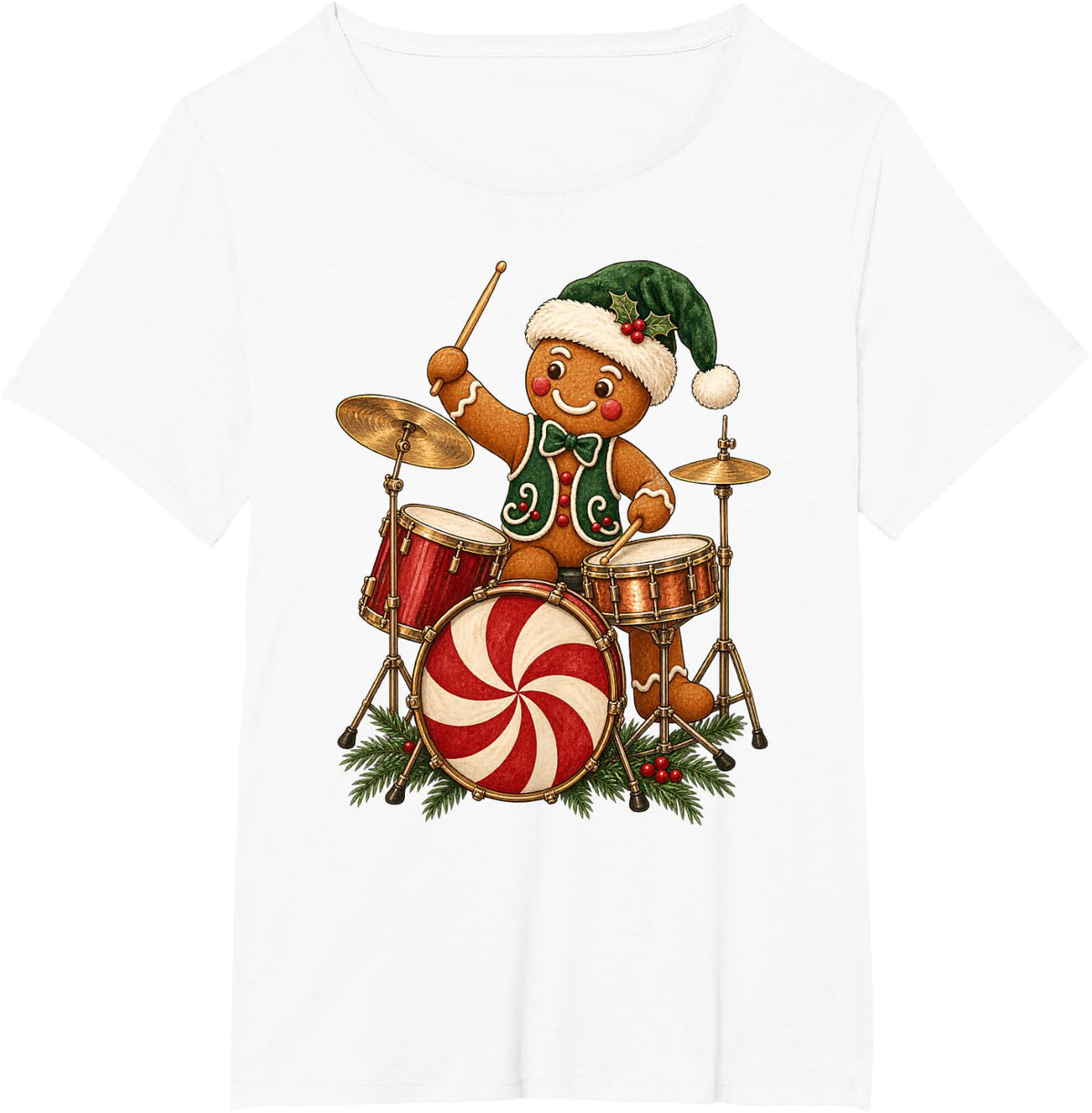Christmas Gingerbread Drummer with Santa Hat Humor T-Shirt - White