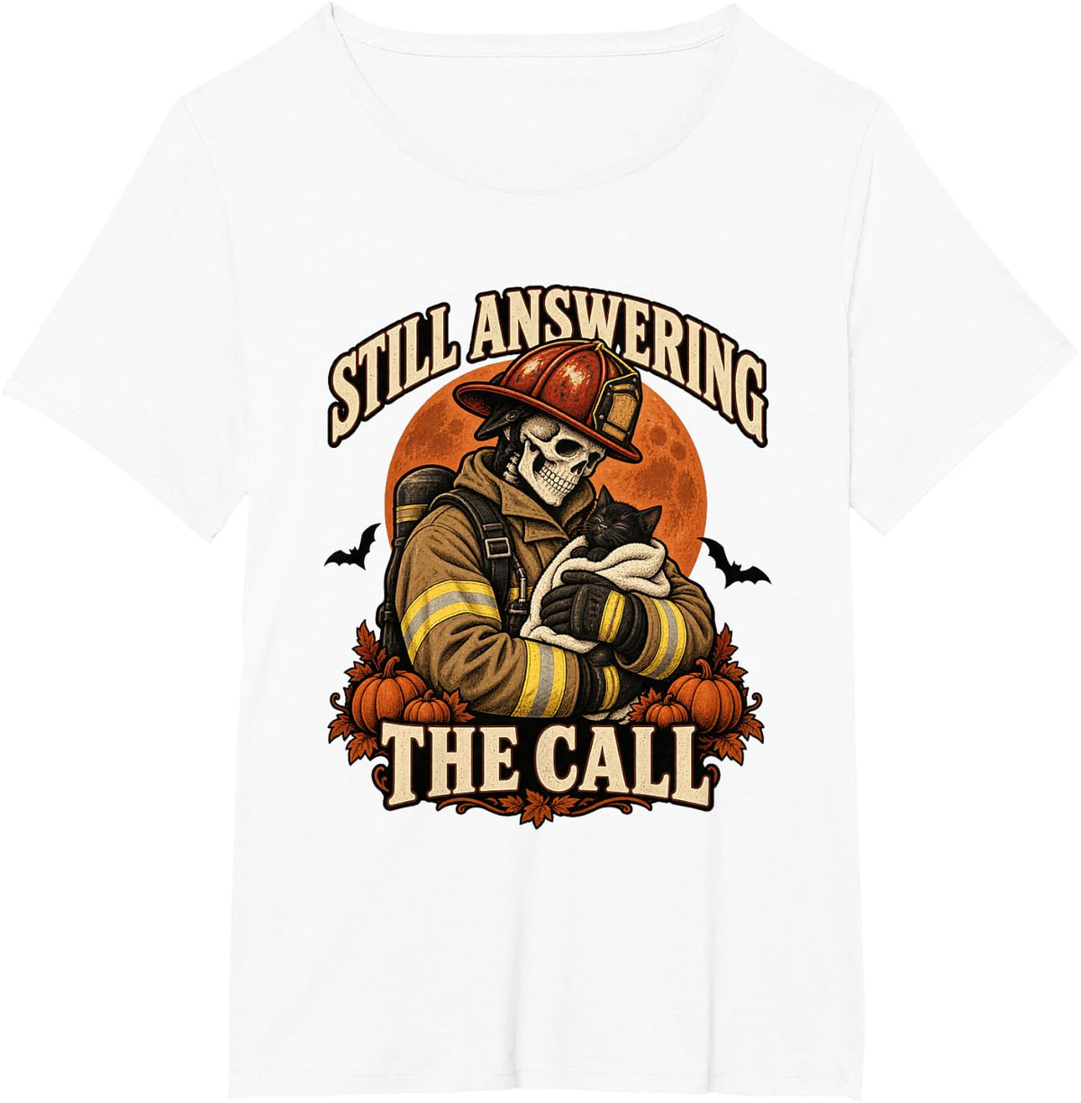 Halloween Skeleton Firefighter Cat Still Answering The Call T-Shirt - White