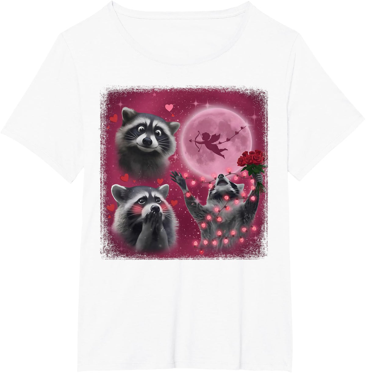 Raccoon Valentines Day Moon Howling Cute Romantic T-Shirt - White