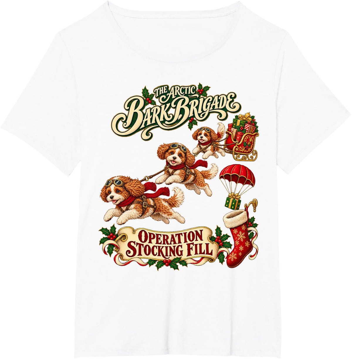 Funny Cute Cavapoo Dog Christmas Arctic Sleigh Adventure T-Shirt - White