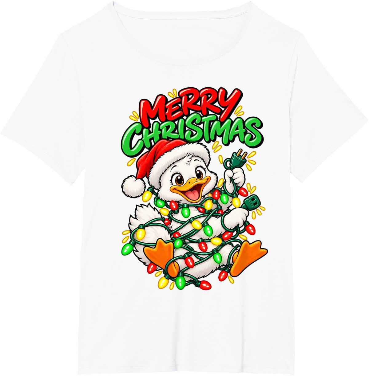Merry Christmas Happy Duck Cute Christmas Lights T-Shirt - White