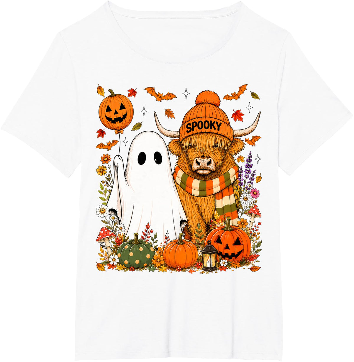Cute Fall Highland Cow and Ghost Pumpkin Patch Halloween T-Shirt - White
