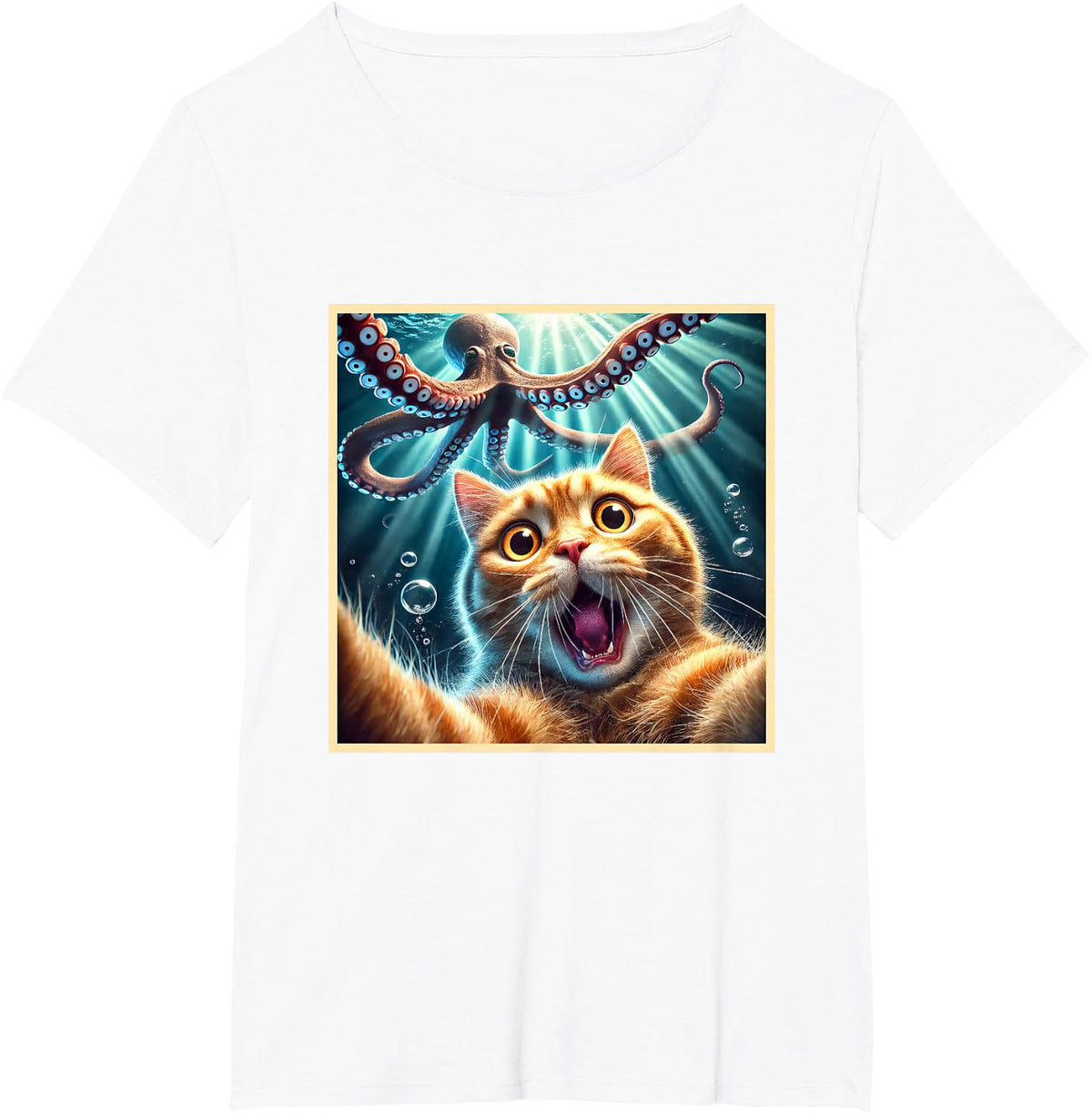Cat Selfie With Octopus Funny T-Shirt - White