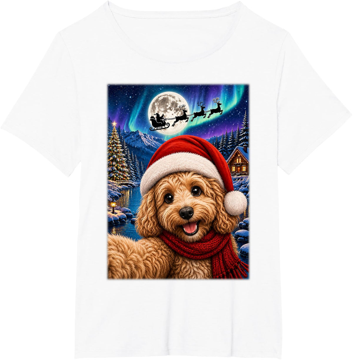 Cockapoo Dog Christmas Selfie Moon Night Santa Sleigh Xmas T-Shirt - White