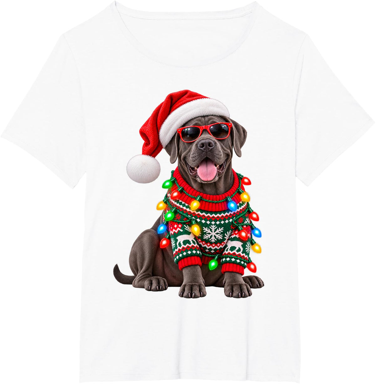 Cane Corso Christmas Lights Santa Hat Sunglasses T-Shirt - White