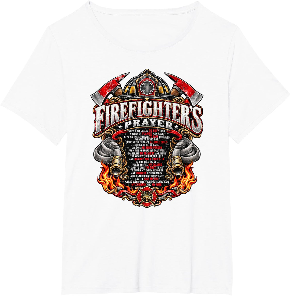 Firefighters Prayer Fire Department Helmet Axe Maltese T-Shirt - White