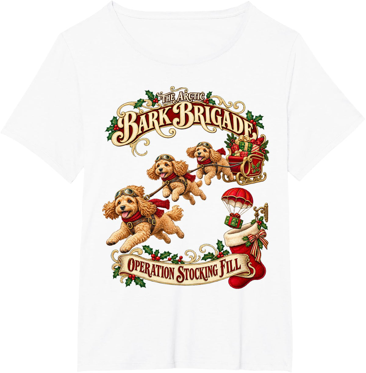 Cockapoo Dog Christmas Retro Sleigh Flight T-Shirt - White