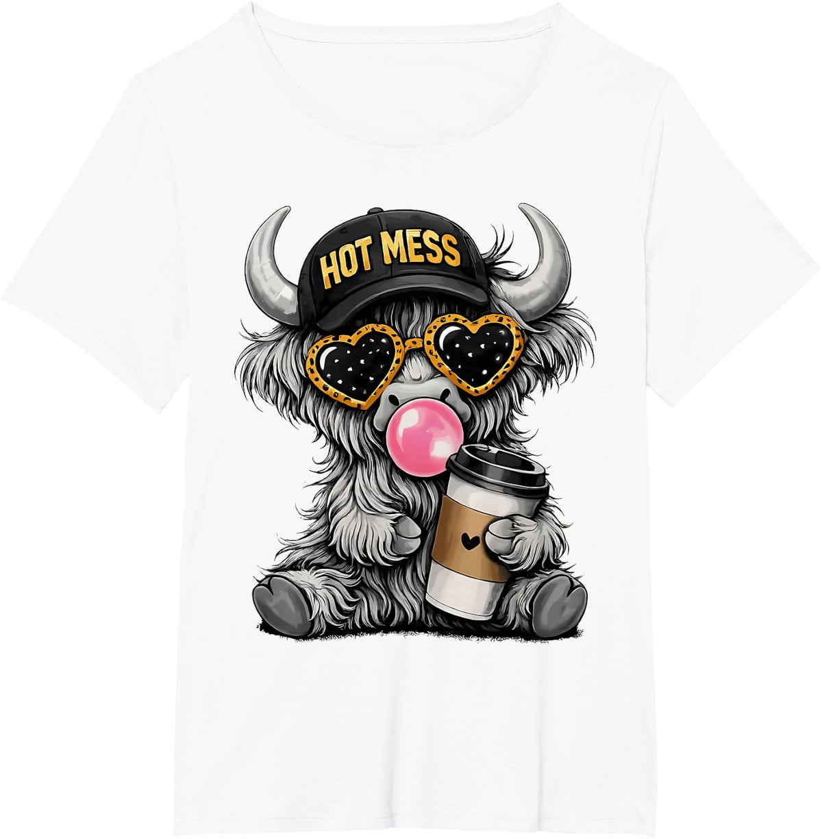Hot Mess Highland Cow Cute Heifer Blowing Bubblegum Farmer T-Shirt - White
