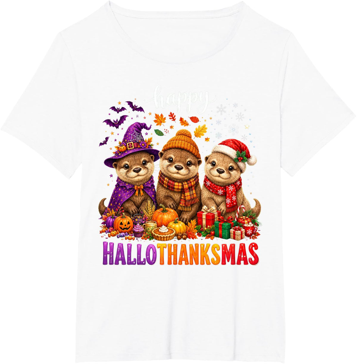 Happy HalloThankMas Xmas Halloween Thanksgiving Otter T-Shirt - White