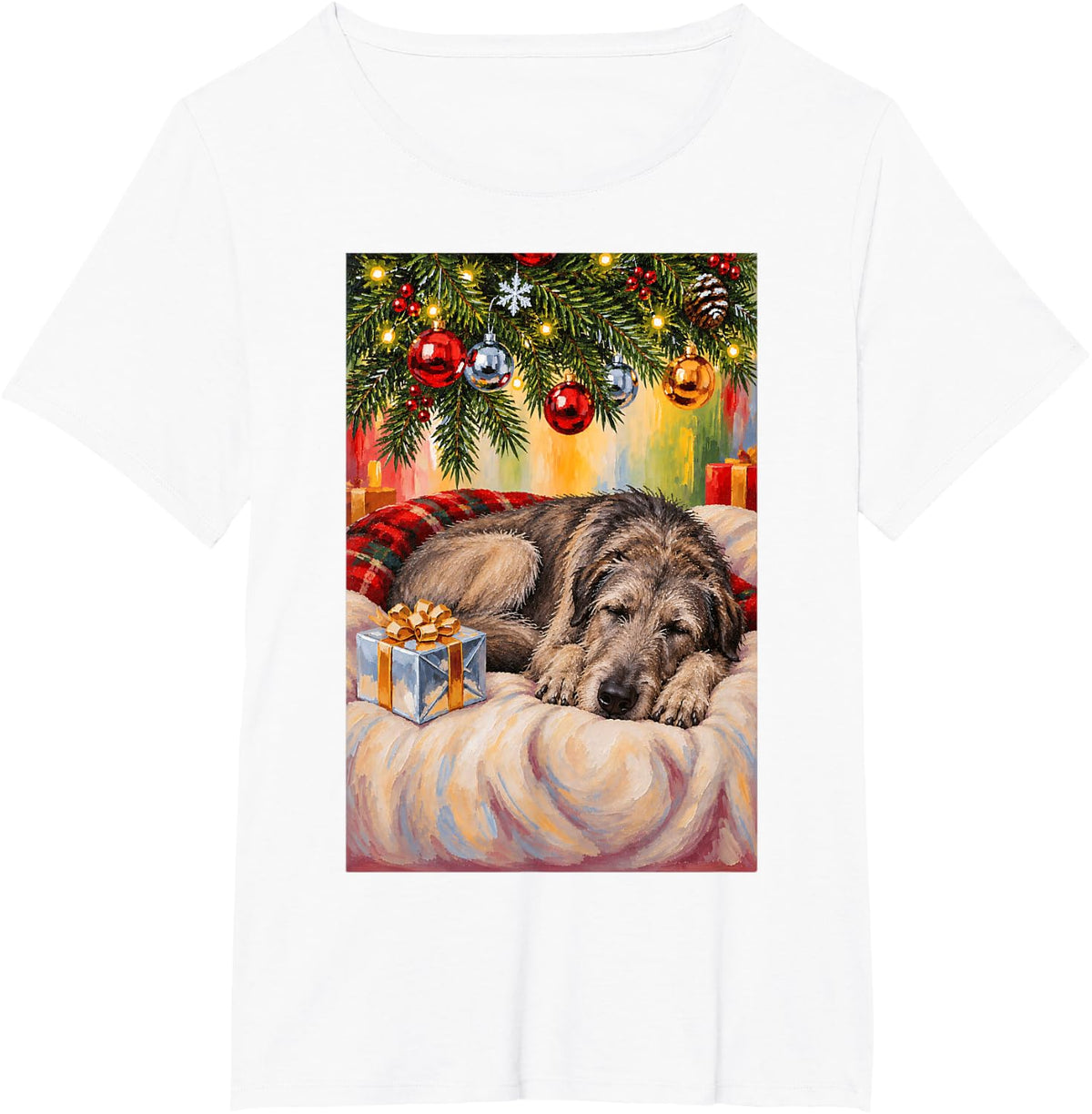 Funny Irish Wolfhound Dog Sleeping Christmas Tree T-Shirt - White