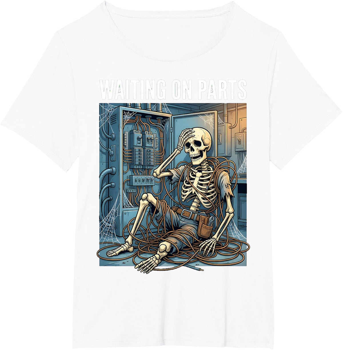 Waiting On Parts Electrician Skeleton Funny Trades Humor T-Shirt - White