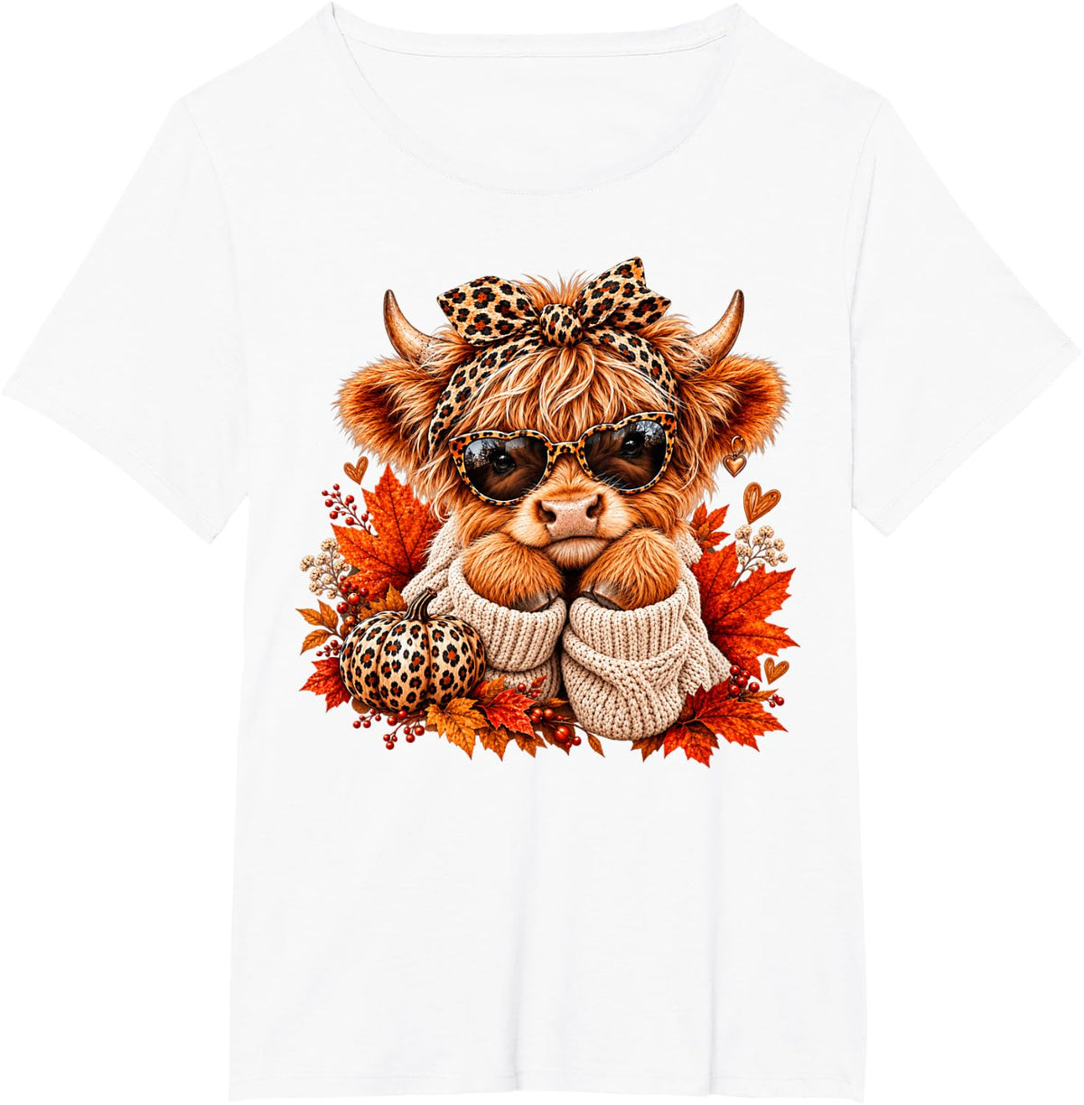 Retro Highland Cow Leopard Bow Pumpkin Fall Autumn T-Shirt - White
