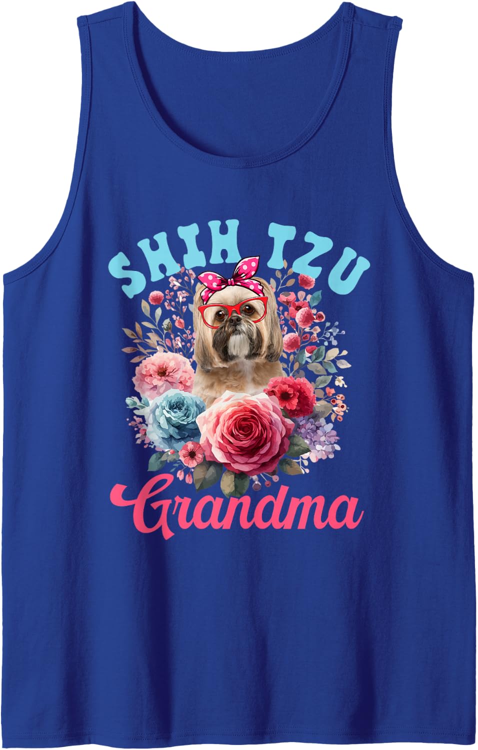 Shih Tzu Grandma Mother's Day Dog Bow Tie Floral Sleeveless Tank Top - Royal Blue