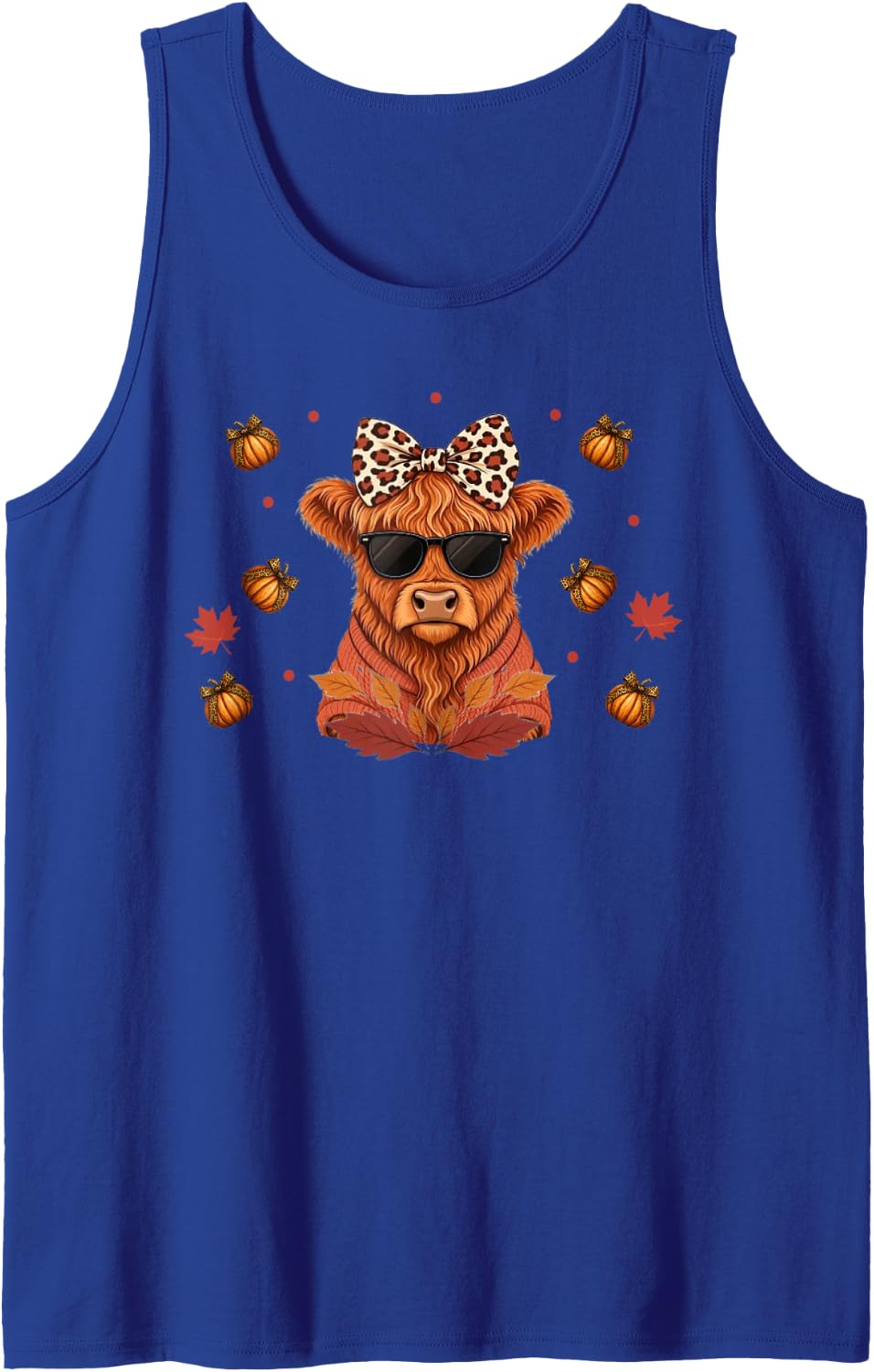 Cute Highland Cow Leopard Bow Fall Autumn Pumpkin Sleeveless Tank Top - Royal Blue