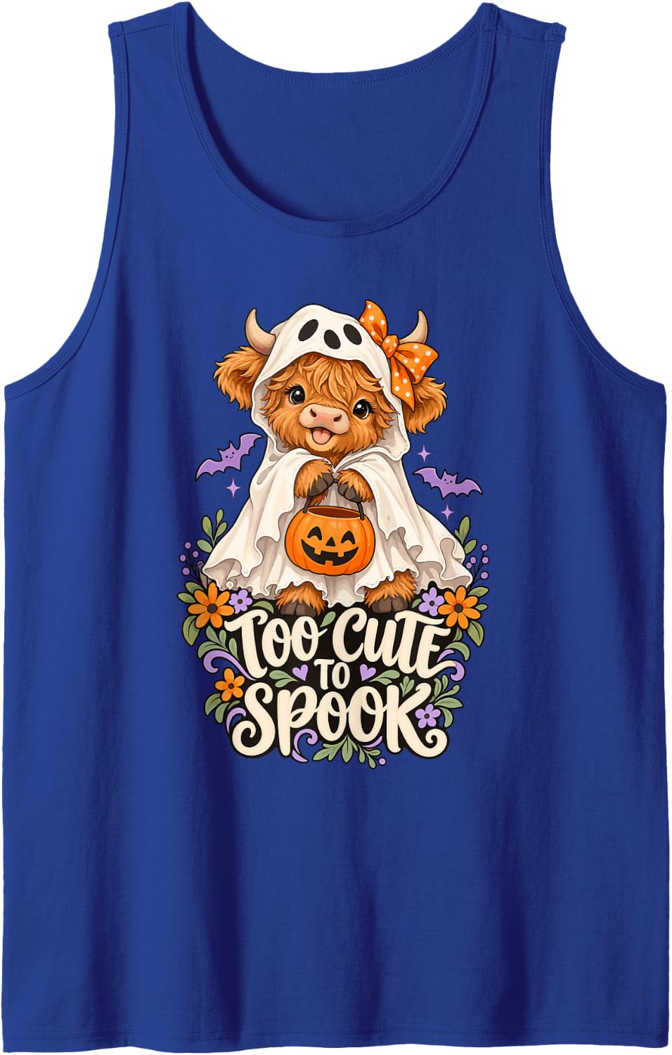 Cute Halloween Highland Cow Ghost Jack O Lantern Farmer Sleeveless Tank Top - Royal Blue