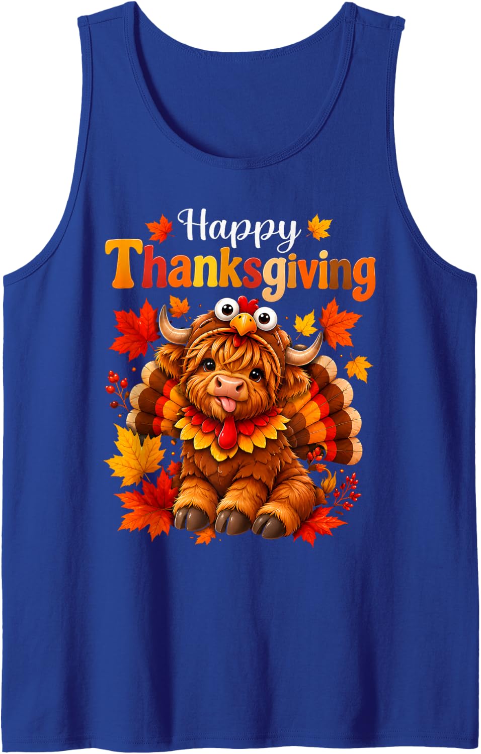 Happy Thanksgiving Highland Cow Wearing Turkey Costume Women Sleeveless Tank Top - Royal Blue