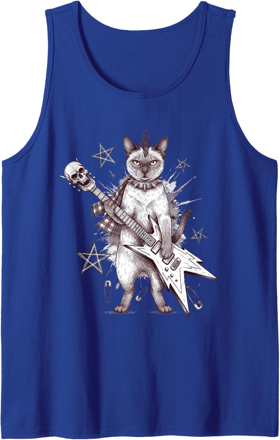 Punk Siamese Cat Guitar Mohawk Grunge Rock Cat Lover Sleeveless Tank Top - Royal Blue