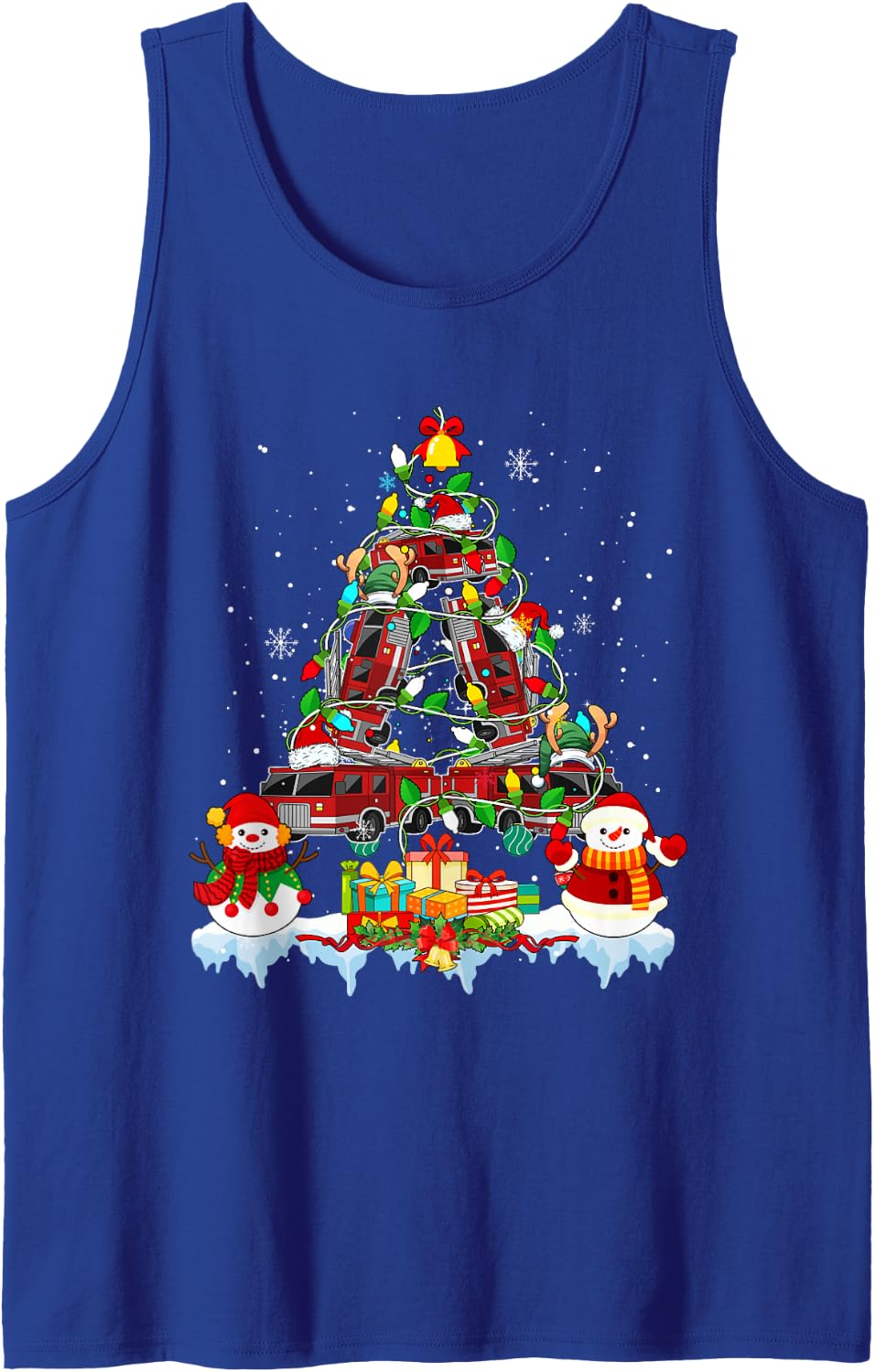 Santa Reindeer Elf Firefighter Trucks As Christmas Tree Sleeveless Tank Top - Royal Blue