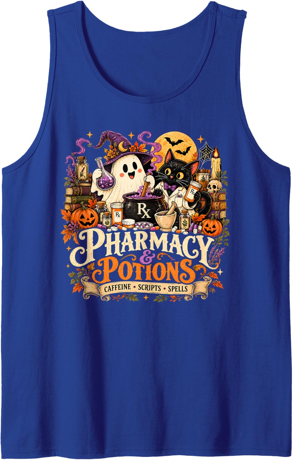 Halloween Pharmacist Ghost Black Cat Pharmacy & Potions Sleeveless Tank Top - Royal Blue