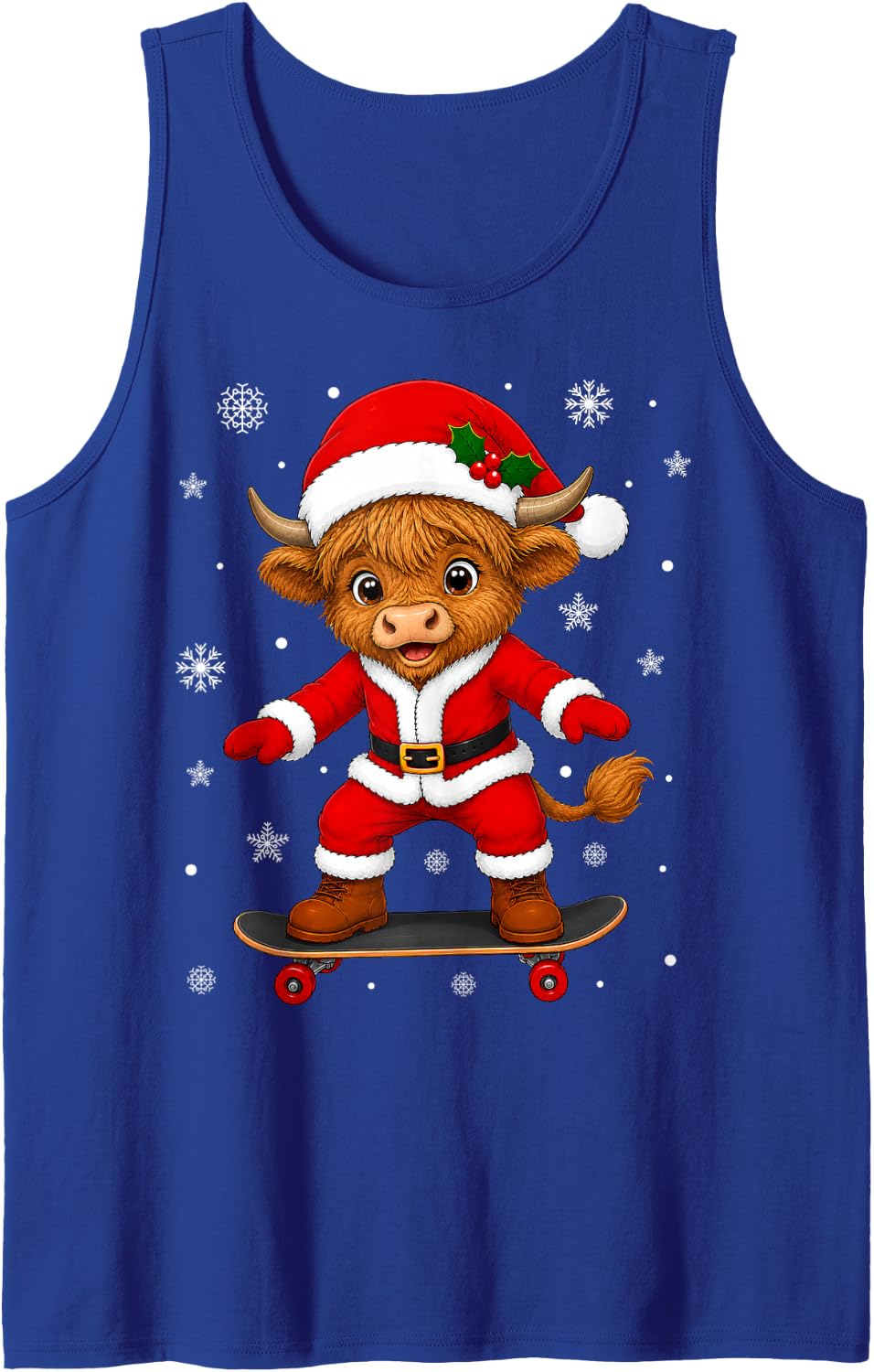 Cute Festive Skateboarding Highland Cow Christmas Sleeveless Tank Top - Royal Blue