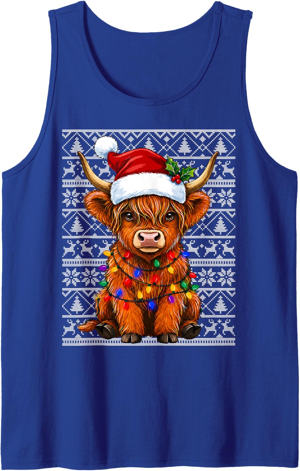 Cute Festive Highland Cow Ugly Christmas Lights Sleeveless Tank Top - Royal Blue