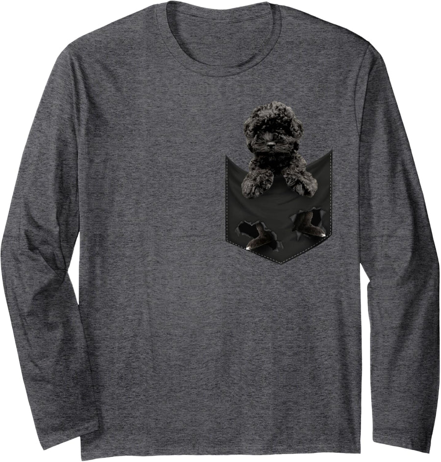 Funny Cavapoo Dog in Pocket Cavapoo Lovers Long Sleeve T-Shirt - Adult Unisex Dark Heather Grey