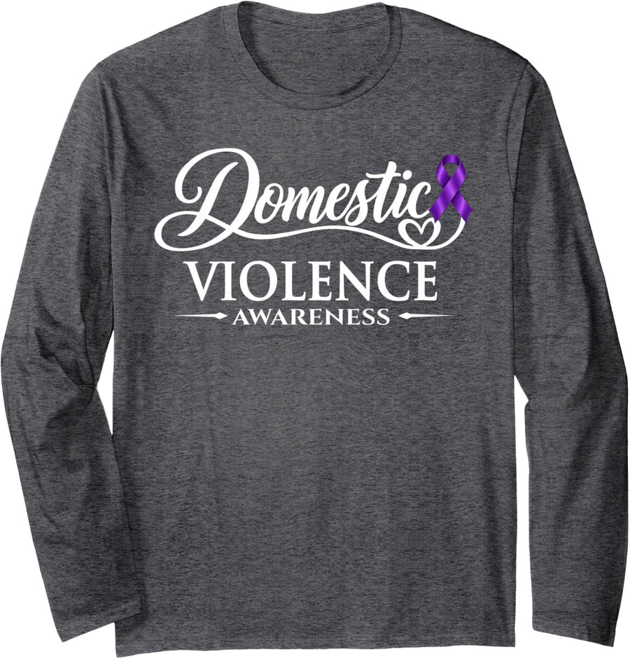 Domestic Violence Awareness Strong Woman Ribbon Courage Long Sleeve T-Shirt - Adult Unisex Dark Heather Grey