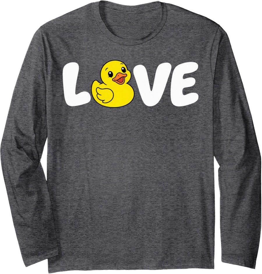 Cute Duck Cartoon with Love Word Art Long Sleeve T-Shirt - Adult Unisex Dark Heather Grey