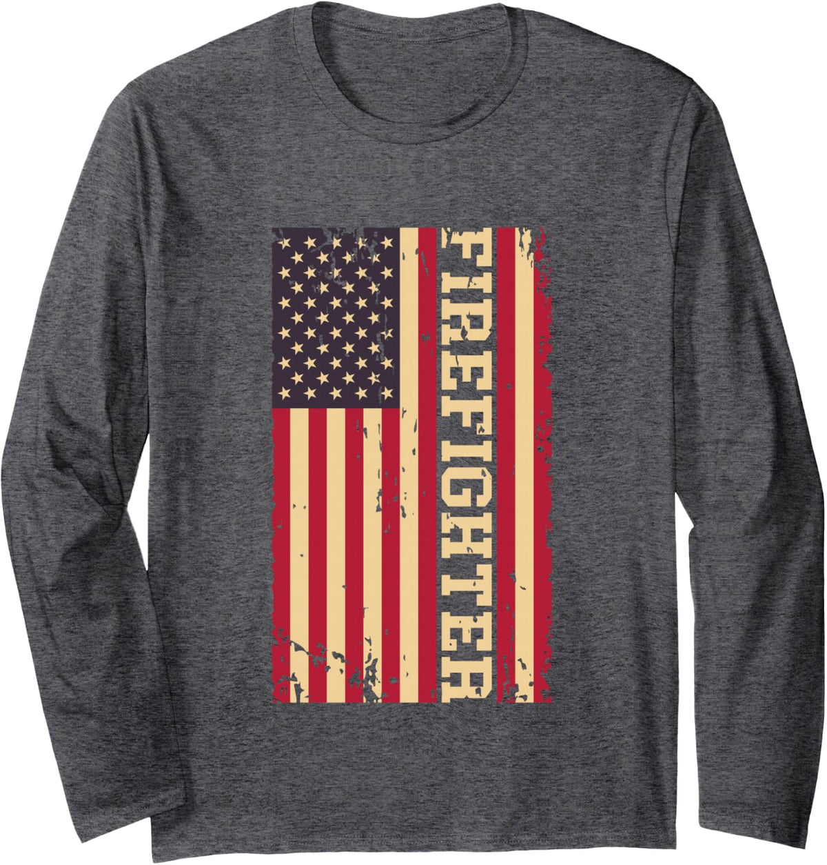Firefighter Fire Dept Department Rescue Fireman US Flag Long Sleeve T-Shirt - Adult Unisex Dark Heather Grey