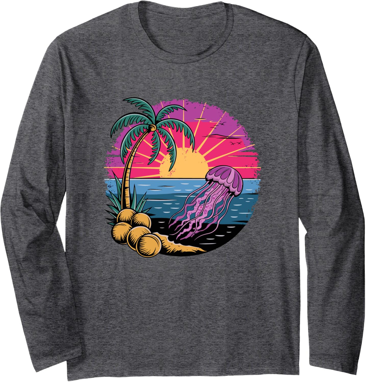 Retro Sunset Jellyfish Jellyfishes Long Sleeve T-Shirt - Adult Unisex Dark Heather Grey