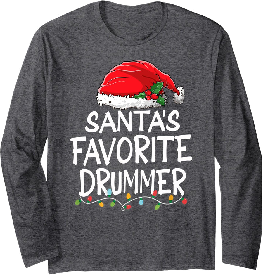 Santa's Favorite Drummer Christmas Santa Claus tree lights Long Sleeve T-Shirt - Adult Unisex Dark Heather Grey
