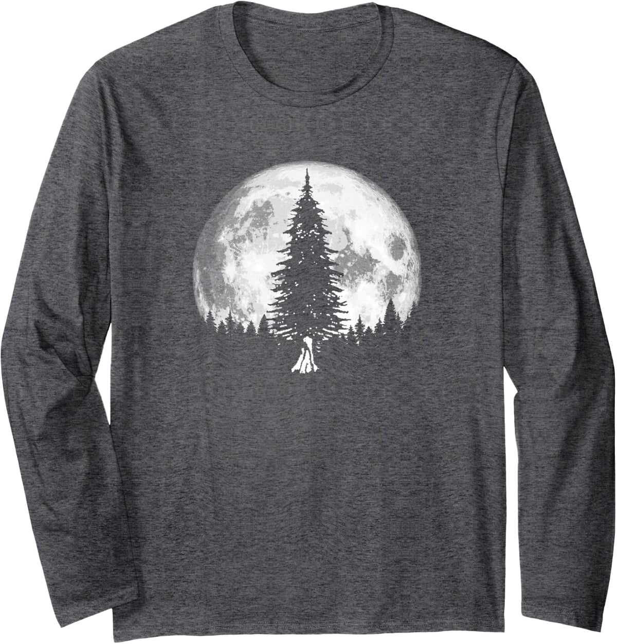 Retro Full Moon and Minimalist Pine Tree Vintage Graphic Long Sleeve T-Shirt - Adult Unisex Dark Heather Grey