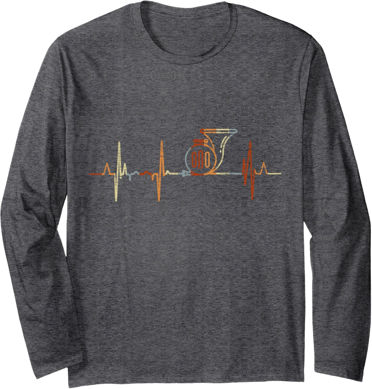 French Horn Heartbeat Vintage ECG Cardiogram Retro Long Sleeve T-Shirt - Adult Unisex Dark Heather Grey