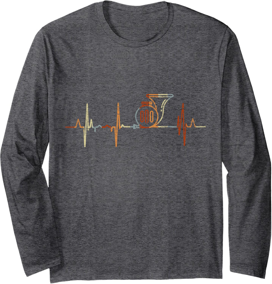 French Horn Heartbeat Vintage ECG Cardiogram Retro Long Sleeve T-Shirt - Adult Unisex Dark Heather Grey