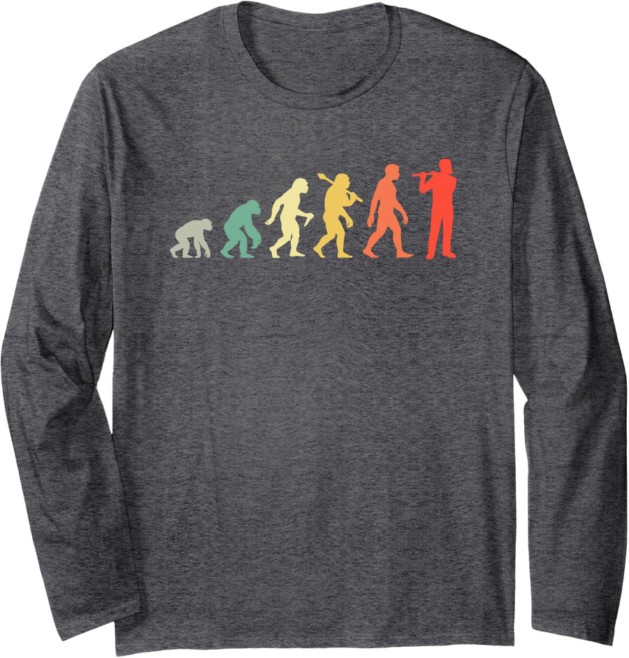 Retro Western Concert Flute Evolution for Flutist Orchestra Long Sleeve T-Shirt - Adult Unisex Dark Heather Grey