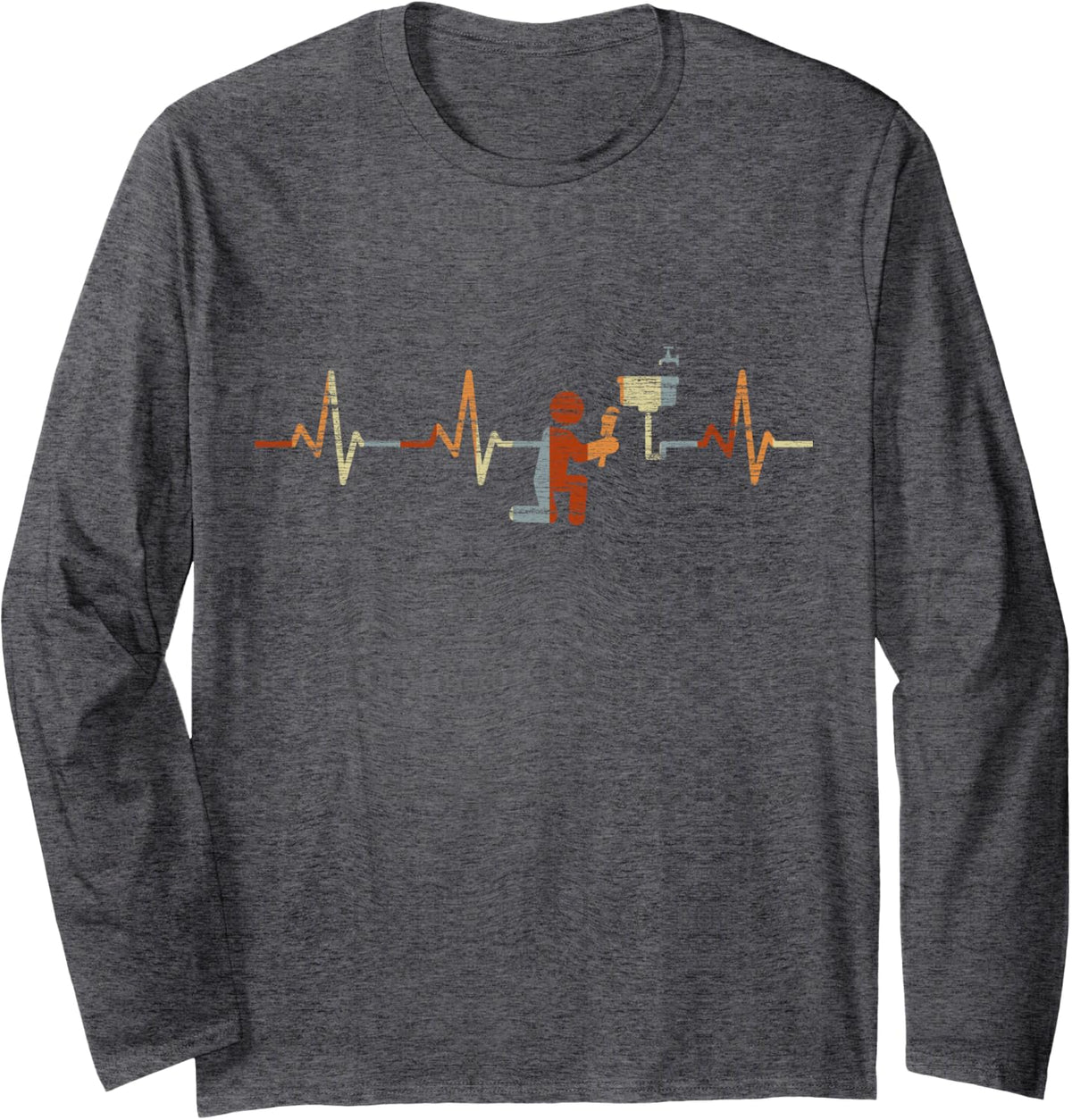 Plumber Heartbeat Vintage ECG Cardiogram Retro Long Sleeve T-Shirt - Adult Unisex Dark Heather Grey