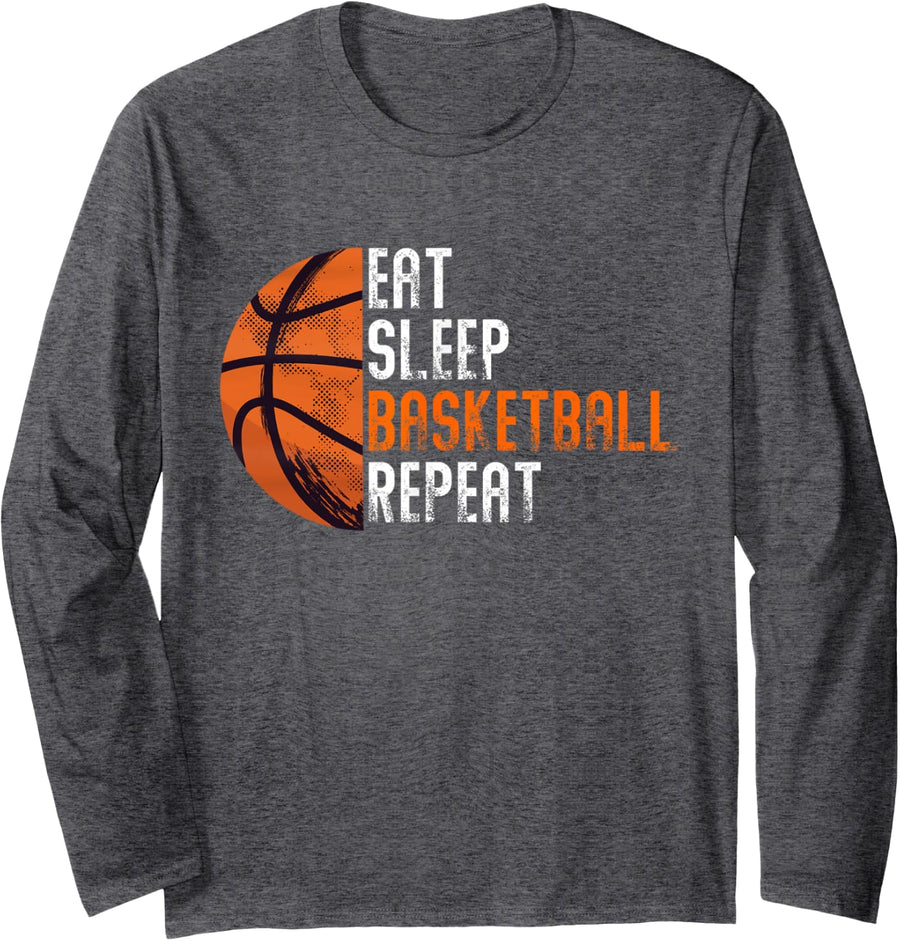 Eat Sleep Basketball Repeat Boys Kids Adults Basketball Long Sleeve T-Shirt - Adult Unisex Dark Heather Grey