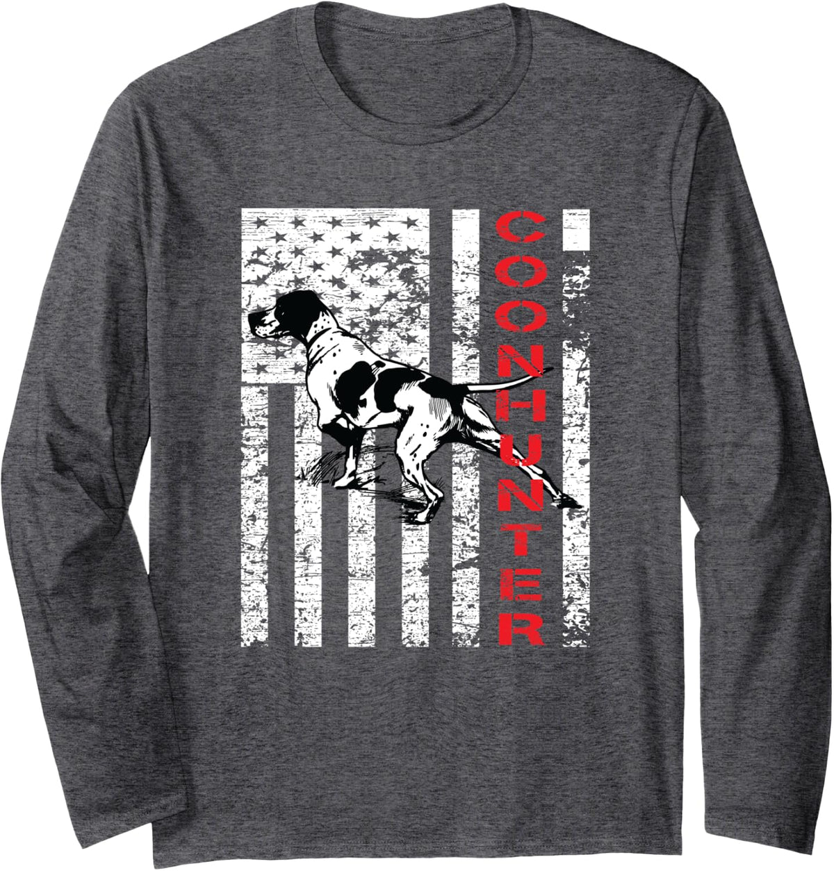 Distressed Long Sleeve Coonhound Shirt with an American Flag - Adult Unisex Dark Heather Grey