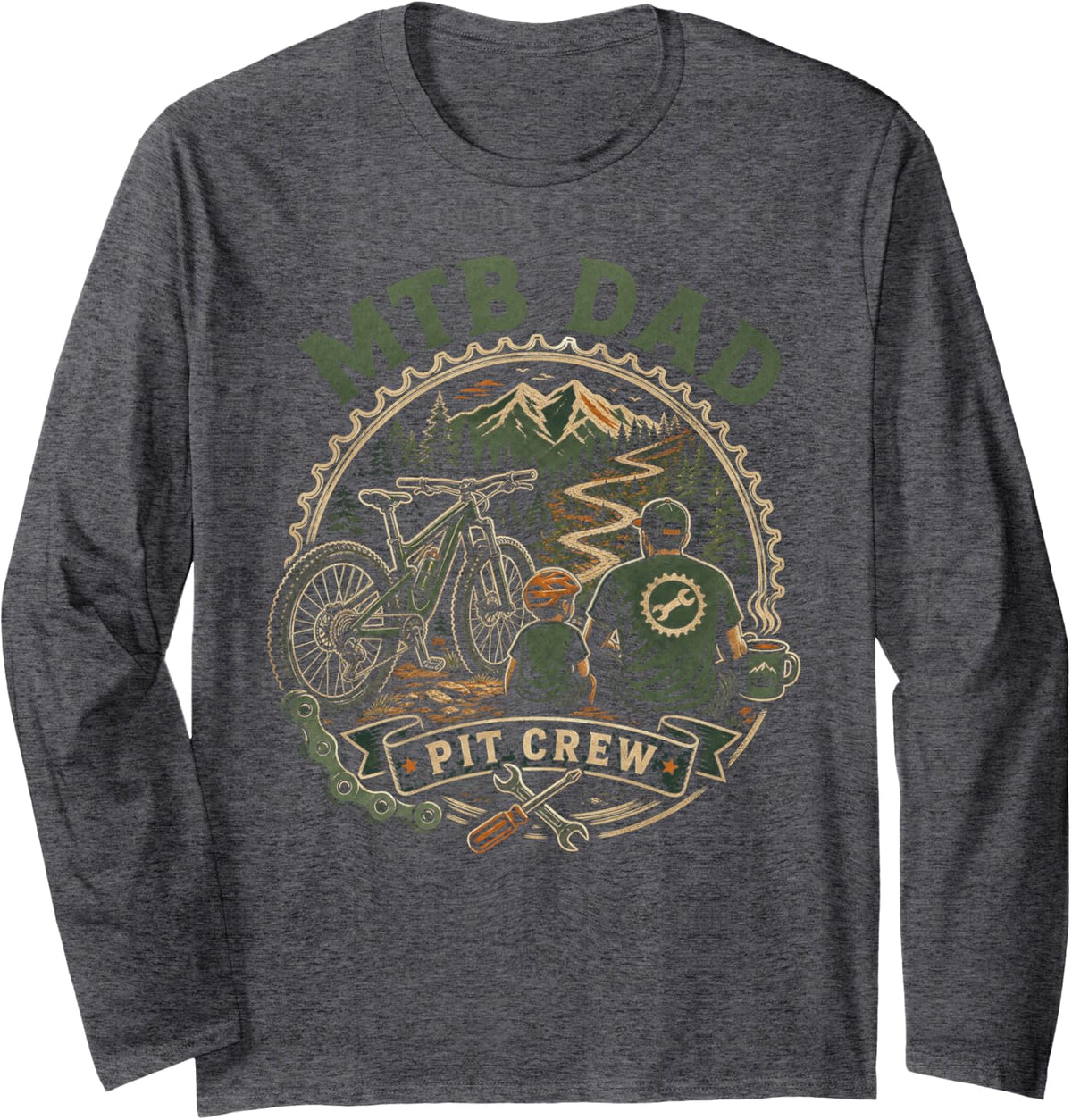 MTB Dad Pit Crew Mountain Bike Long Sleeve T-Shirt - Adult Unisex Dark Heather Grey