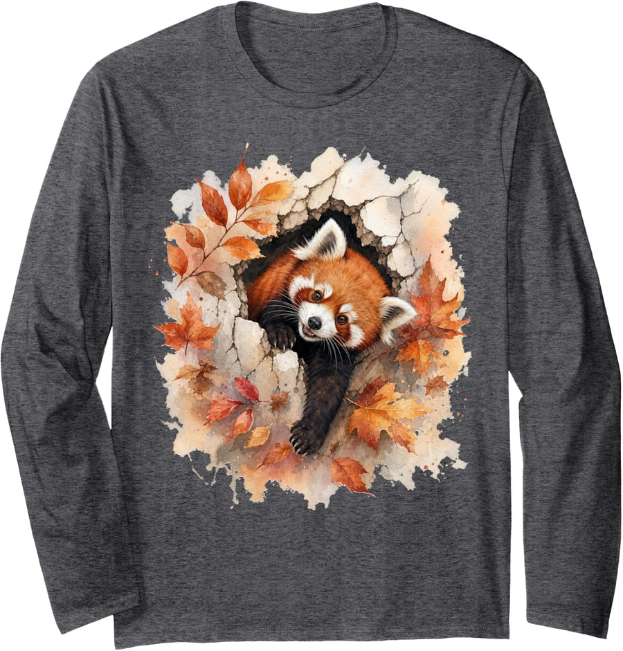 Curious Red Panda Peeking Through Cracked Wall Long Sleeve T-Shirt - Adult Unisex Dark Heather Grey