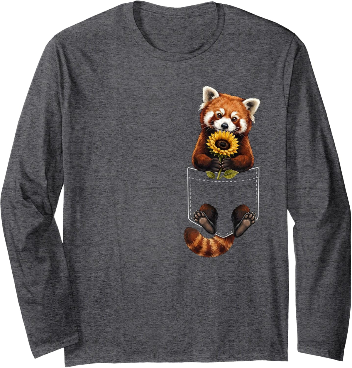 Red Panda Pocket Holding Sunflower Animal Lover Long Sleeve T-Shirt - Adult Unisex Dark Heather Grey
